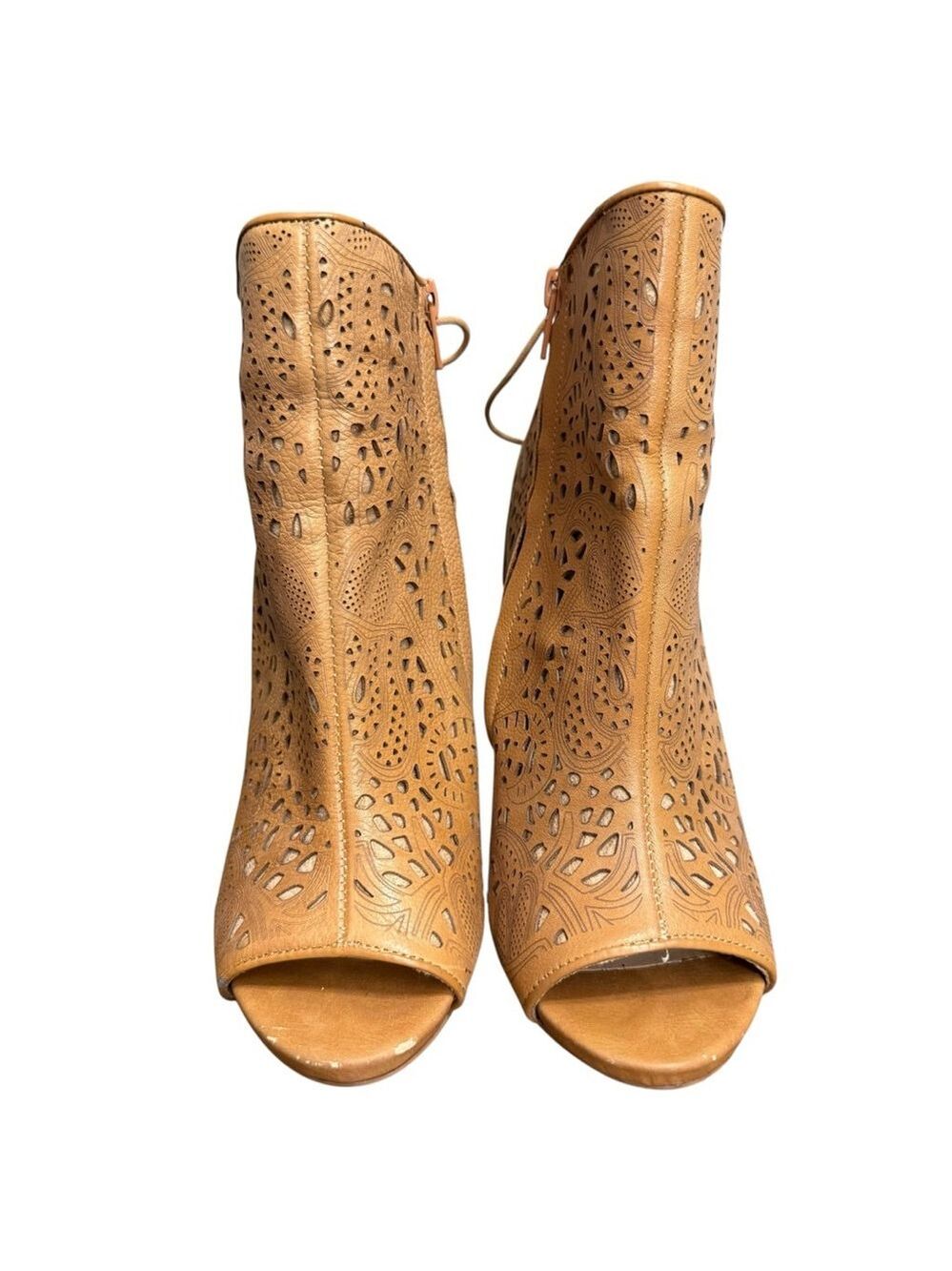 Steve Madden Women’s 8M Korsett Tan Leather Peep Toe Laser Cut Booties 5” Stilet - Picture 2 of 11